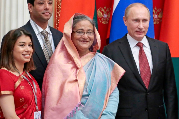 Vladimir Putin with former Bangladesh Prime Minister Sheikh Hasina and Tulip Siddiq at a signing ceremony in the Kremlin in 2013.