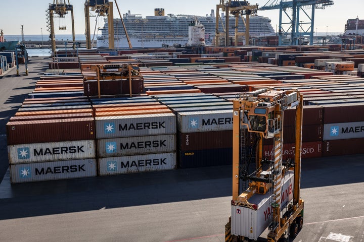 Shipping containers and gantry cranes at the Muelle Sur terminal, operated by APM Terminals, at the Port of Barcelona in Barcelona, Spain, on Jan. 13, 2025.