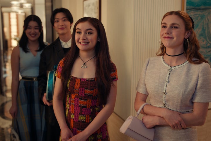 Audrey Huynh as Stella, Sang Heon Lee as Min Ho Moon, Anna Cathcart as Kitty Song Covey, and Jocelyn Shelfo as Madison Miller in "XO, Kitty."