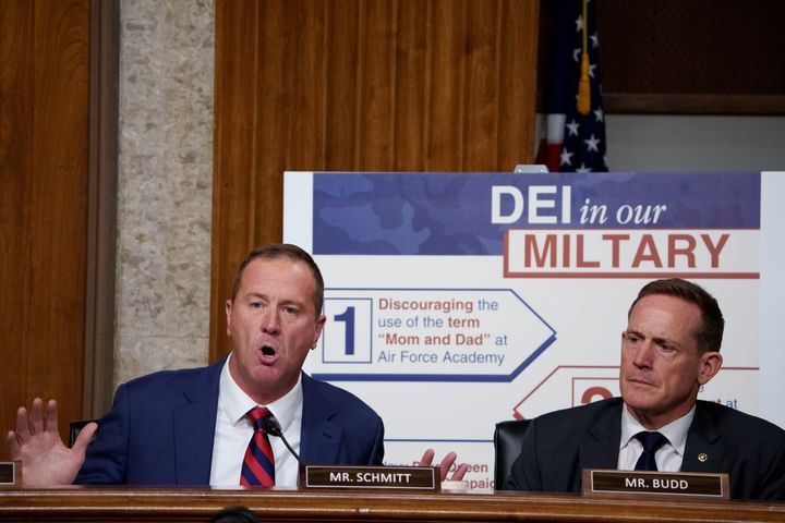 Sen. Eric Schmitt's (R-Mo.) point was undermined by a typo on the poster behind him.