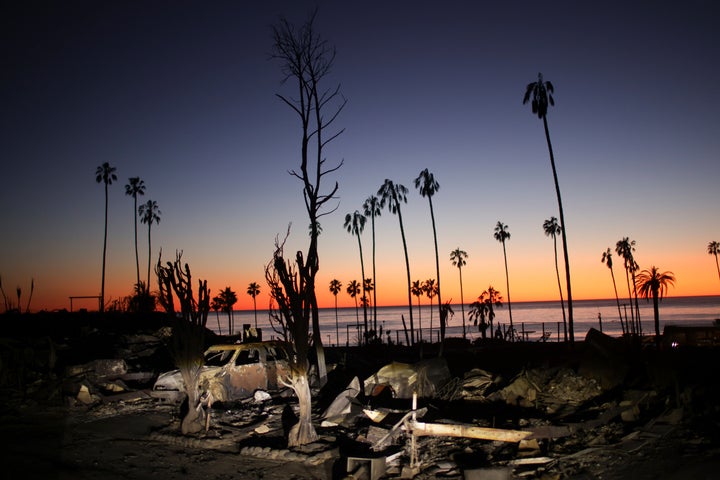 The devastation of the Palisades Fire is seen at sunset in the Pacific Palisades neighborhood of Los Angeles, on Jan. 14, 2025.