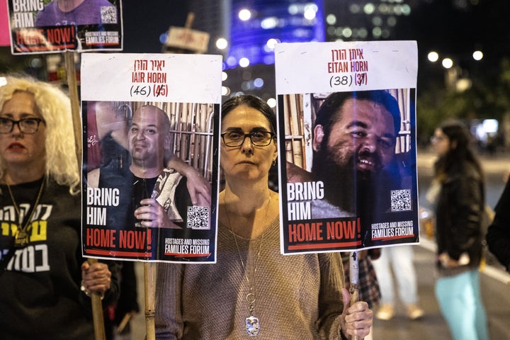 Relatives of Israeli hostages in Gaza demand a ceasefire and a hostage swap agreement on Jan. 14 in Tel Aviv, Israel. Israel estimates that 98 hostages remain in Gaza, some of them deceased.