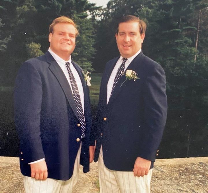 Tom Farley (right) and Chris Farley at Tom's wedding in 1988. Comedian Chris Farley died Dec. 18, 1997, of a drug overdose at age 33.