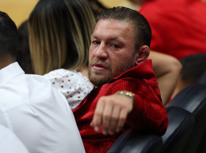 Conor McGregor is seen in attendance during Game 4 of the NBA Finals between the Denver Nuggets and the Miami Heat at Kaseya Center on June 9, 2023, in Miami, Florida.