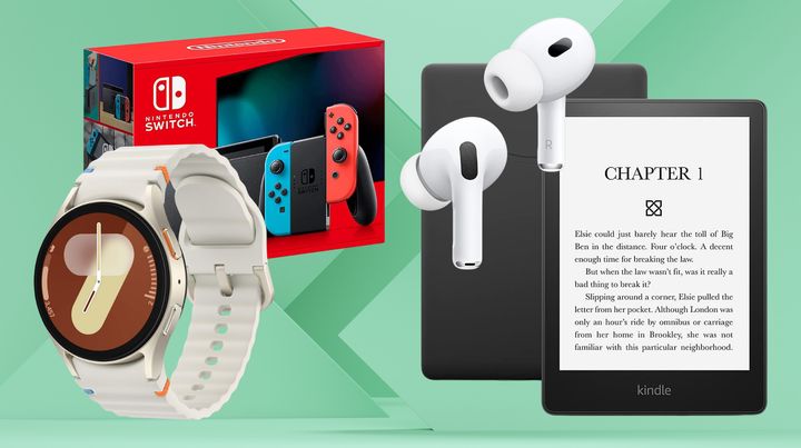 A Samsung Galaxy 7 smart watch, Nintendo Switch, AirPods Pro 2 and a Kindle Paperwhite.