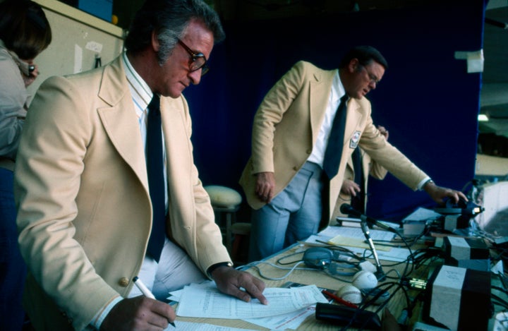 Bob Uecker, left, and Keith Jackson covering the New York Mets vs the St Louis Cardinels, for ABC Sports. (Photo by American Broadcasting Companies via Getty Images)