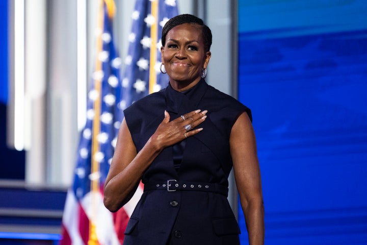 Michelle Obama arrives to speak on the second night of the Democratic National Convention in Chicago on Aug. 20, 2024.