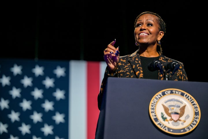 Michelle Obama speaks during a Democratic presidential campaign rally on Oct. 26, 2024, in Kalamazoo, Michigan.