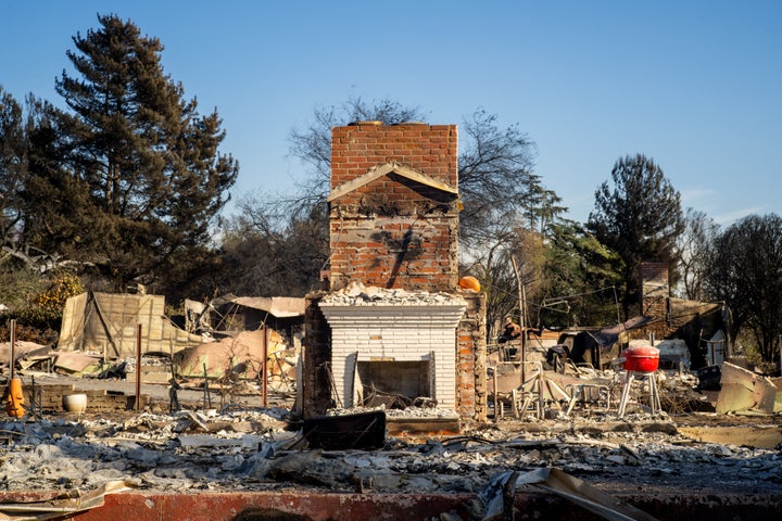 ALTADENA, CALIFORNIA - JANUARY 16: The foundation of a chimney remains after its residence was destroyed in the Eaton Fire on January 16, 2025 in Altadena, California. (Photo by Brandon Bell/Getty Images)