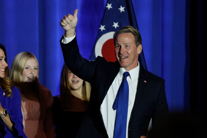 Republican Ohio Lt. Gov. Jon Husted, seen speaking during an election night watch party in 2022, will fill the U.S. Senate seat formerly held by JD Vance.