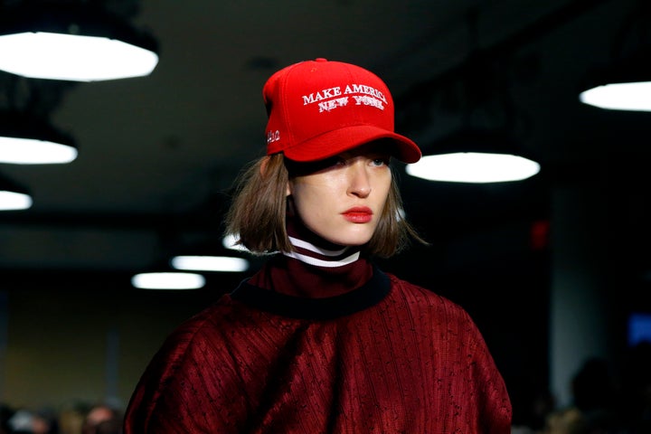 A model wears a "Make America New York" hat at the Public School show during New York Fashion Week in February 2017.