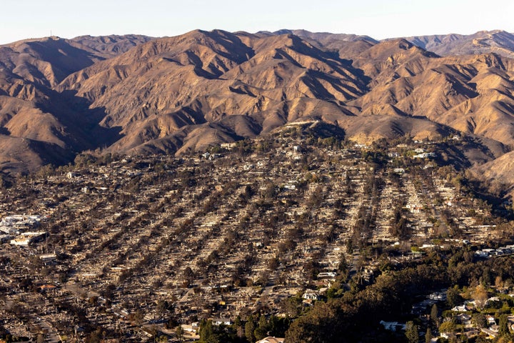 An aerial view of the devastation of the Pacific Palisades neighborhood following the fires.