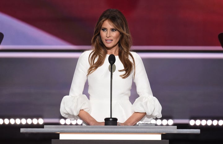 Melania Trump addresses delegates on the first day of the Republican National Convention on July 18, 2016, in Cleveland.