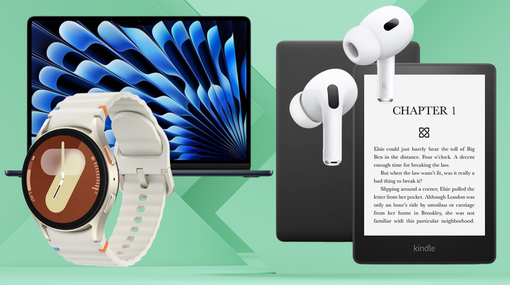 A Samsung Galaxy 7 smart watch, MacBook Air, AirPods Pro 2 and a Kindle Paperwhite.