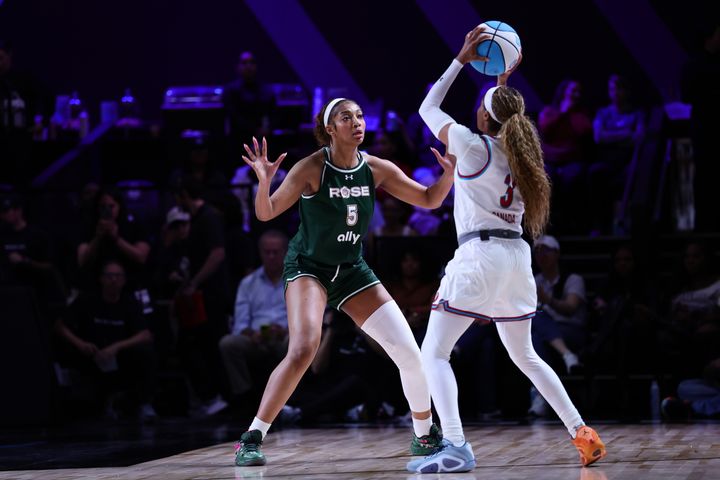 MEDLEY, FLORIDA - JANUARY 17: Angel Reese #5 of Rose defends against Jordin Canada #3 of the Vinyl during the second half at The Mediapro Studio on January 17, 2025 in Medley, Florida. (Photo by Carmen Mandato/Getty Images)