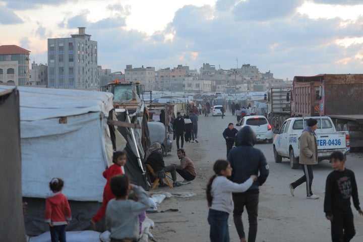 Palestinians displaced from their homes due to Israeli attacks on various areas of Gaza continue to endure harsh conditions in makeshift tents as they await a cease-fire to return to their regions, move freely, and meet their basic needs in Deir Al-Balah, Gaza on January 18, 2025. (Photo by Hassan Jedi/Anadolu via Getty Images)