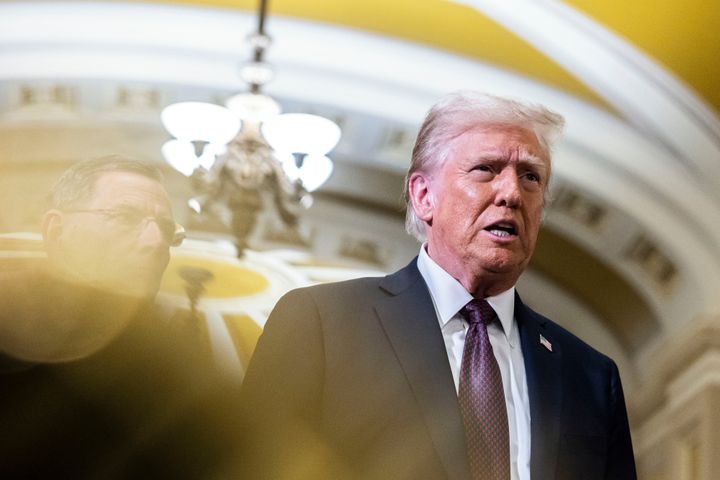 U.S. President-elect Donald Trump speaks to members of the media following a meeting with Republican Senators at the US Capitol in Washington, DC, US, on Wednesday, Jan. 8, 2025. (Valerie Plesch/Bloomberg via Getty Images