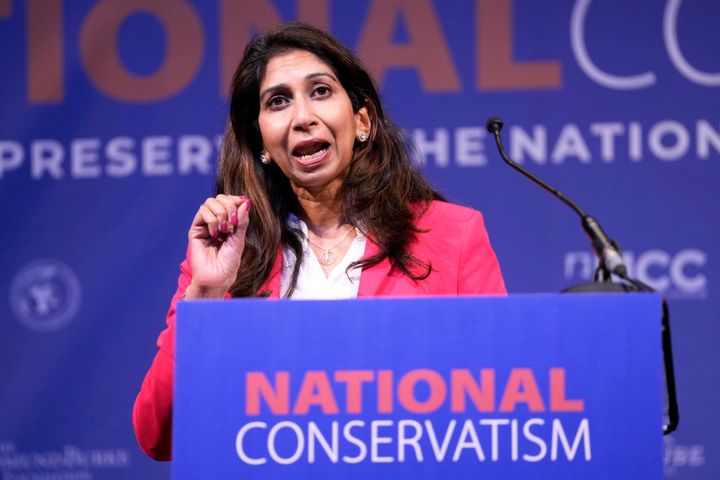 Suella Braverman speaking at the National Conservatism conference in Brussels last April.