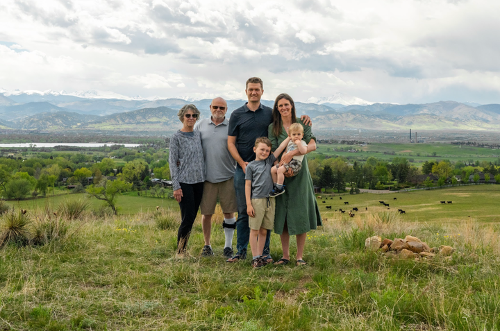 The author (left), Joel (second from left), her daughter, Gwen (right), and her husband, Patrick (second from right), and the author's grandsons, Stanley and George.