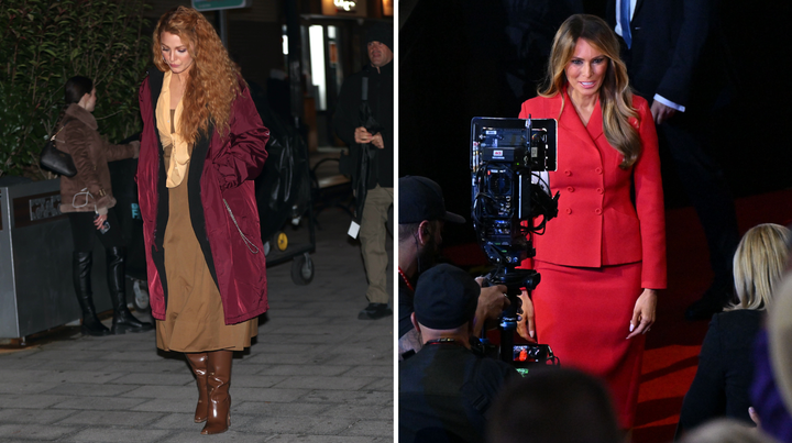 Left: Blake Lively wears a brown dress on Jan. 12, 2024, before Mocha Mousse is crowned Pantone Color of the Year. Right: Melania Trump walks to the VIP box on the final day of the Republican National Convention on July 18, 2024.