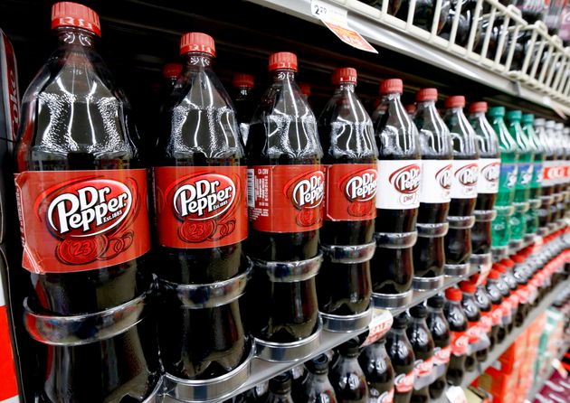 Bottles of Dr Pepper sit on a shelf in the US