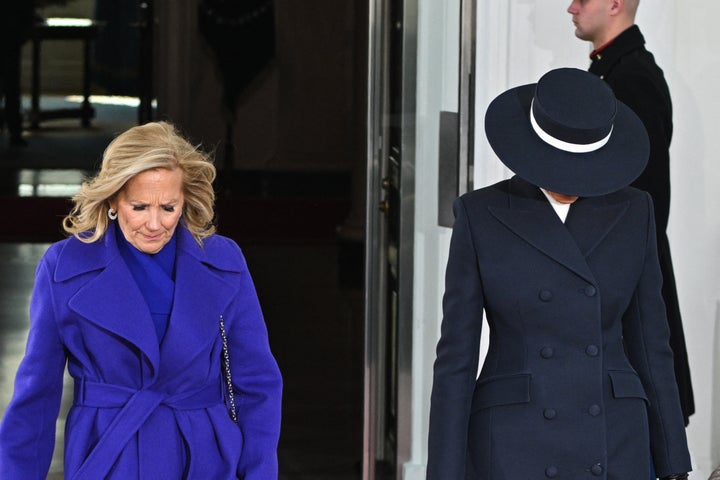 Departing and incoming first ladies Jill Biden and Melania Trump offer a contrast in looks as they leave the White House for Donald Trump's inauguration.