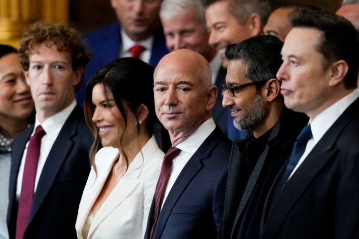 Meta CEO Mark Zuckerberg, Amazon founder Jeff Bezos, Alphabet Inc. CEO Sundar Pichai, and Tesla CEO Elon Musk aren't serving any spectacular front-row looks, keeping with the navy and white color scheme of Trump’s inner circle.