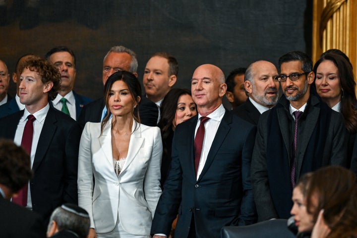  Meta CEO Mark Zuckerberg, Lauren Sanchez, Amazon founder Jeff Bezos and Google CEO Sundar Pichai attend the inauguration of U.S. President-elect Donald Trump in the U.S. Capitol Rotunda on January 20, 2025 