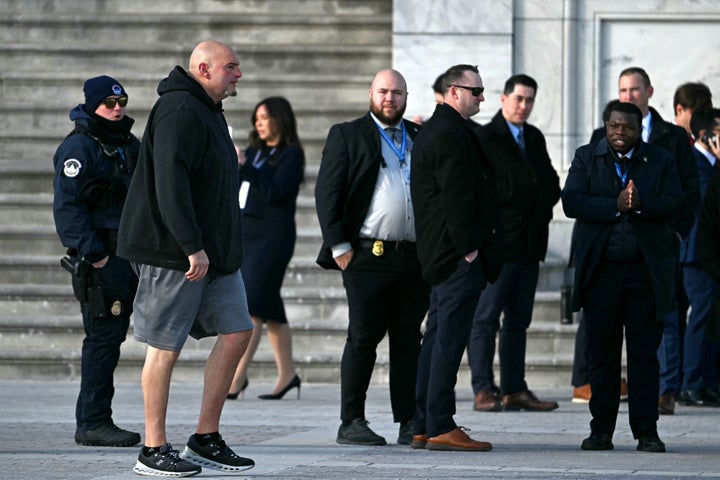 Sen. John Fetterman (D-Pa.) proves some things never change, arriving for the inauguration ceremony in his trademark hoodie and what appear to be gym shorts.