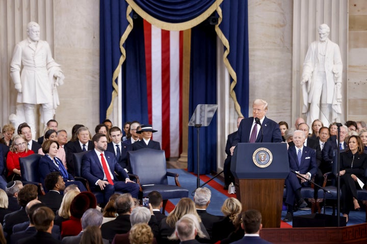 President Donald Trump delivers remarks after being sworn in as the 47th President of the United States during the 60th Presidential Inauguration in the Rotunda of the U.S. Capitol in Washington, Monday, Jan. 20, 2025. (Shawn Thew/Pool photo via AP)
