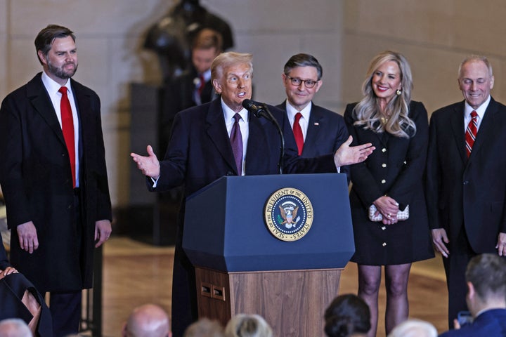 President Donald Trump delivers remarks in Emancipation Hall during inauguration ceremonies Monday at the U.S. Capitol.