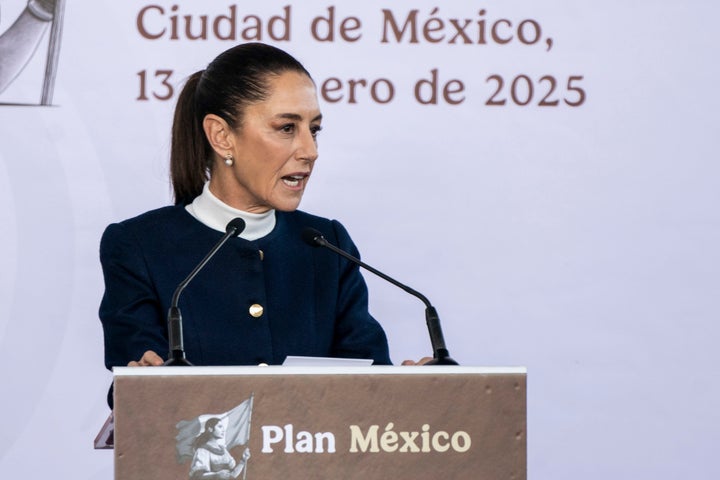 Mexican President Claudia Sheinbaum speaks earlier this month. Trump is already threatening Mexico, a U.S. ally and trading partner, with tariffs and cultural slights.