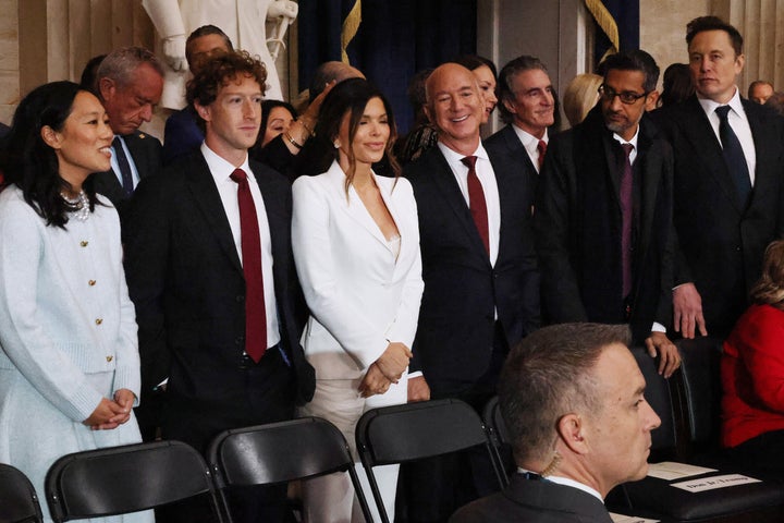 From left to right, Priscilla Chan, Mark Zuckerberg, Lauren Sánchez, Jeff Bezos, Sundar Pichai and Elon Musk attend the inauguration just behind Trump's family.