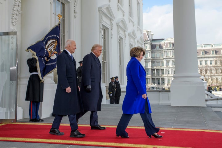 Sen. Amy Klobuchar (right), outgoing President Joe Biden (left) and incoming President Donald Trump depart the White House for the Capitol on Monday.