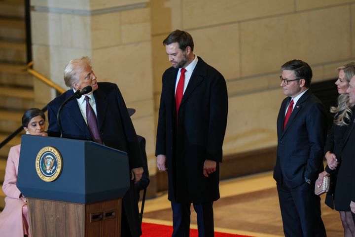 President Donald Trump (left) and Vice President JD Vance (center) had both suggested the worst offenders charged for their actions on Jan. 6, 2021, would not get clemency. However, Trump issued a mass pardon for everyone Monday.