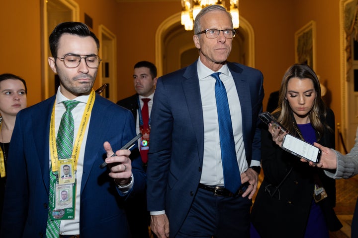 Senate Majority Leader John Thune (R-S.D.) in Washington, D.C., on Jan. 20, 2025. On Monday, Thune told reporters, “We’re looking at the future, not the past,” in regard to Trump issuing sweeping pardons that included scores of people who assaulted police officers at the Jan. 6, 2021, riot.