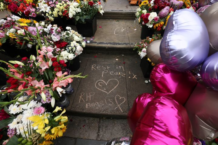 Tributes are seen outside the Town Hall in Southport, England, Aug. 5, 2024 after three young girls were killed in a knife attack at a Taylor Swift-themed holiday club the week before.