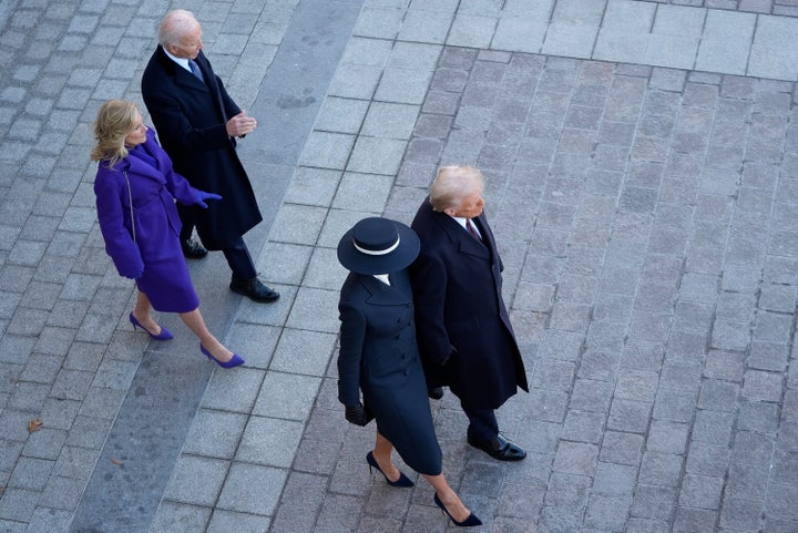 President Donald Trump, from right, and first lady Melania Trump walk to send off former President Joe Biden and Jill Biden after the 60th Presidential Inauguration, Monday, Jan. 20, 2025, at the U.S. Capitol in Washington. (Jack Gruber/Pool Photo via AP)