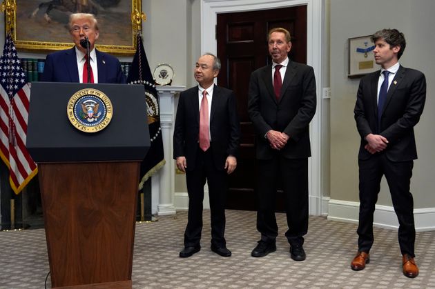 President Donald Trump speaks in the Roosevelt Room at the White House, on, Jan. 21, 2025, in Washington, as Softbank CEO Masayoshi Son, Oracle chief technology officer Larry Ellison and OpenAI CEO Sam Altman, listen.