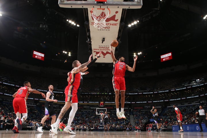 Trey Murphy III #25 of the New Orleans Pelicans grabs the rebound during the game against the Utah Jazz on January 20, 2025 at the Smoothie King Center in New Orleans, Louisiana. (Photo by Layne Murdoch Jr./NBAE via Getty Images)