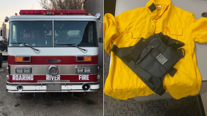 A fire engine and firefighter gear allegedly found in the possession of a man and woman attempting to enter the Palisades fire evacuation zone, via the Los Angeles County Sheriff's Department.