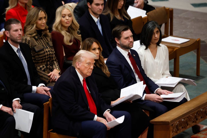 President Donald Trump, first lady Melania Trump, Vice President JD Vance and second lady Usha Vance listen to Right Rev. Mariann Edgar Budde's "plea" during Tuesday’s interfaith service at Washington National Cathedral.