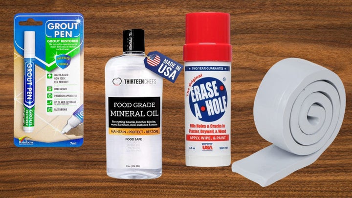 A grout pen, a wood conditioner, a drywall repair stick and a moldable silicone putty.