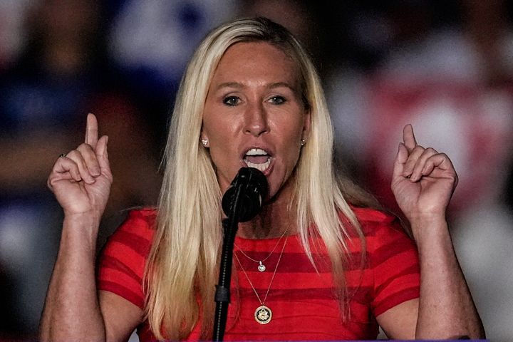 Rep. Marjorie Taylor Greene, R-Ga., speaks before Republican presidential nominee former President Donald Trump at a campaign rally at McCamish Pavilion Monday, Oct. 28, 2024, in Atlanta. 