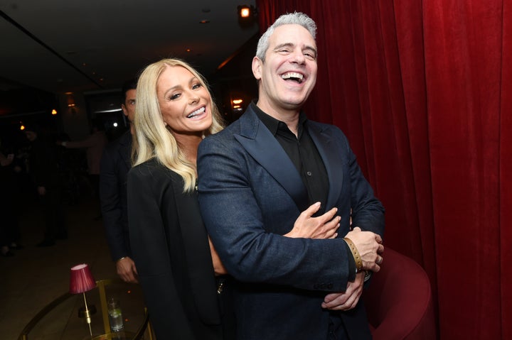 Kelly Ripa and Andy Cohen attend the CAA pre-Oscar party at Sunset Tower Hotel on March 8, 2024, in Los Angeles.