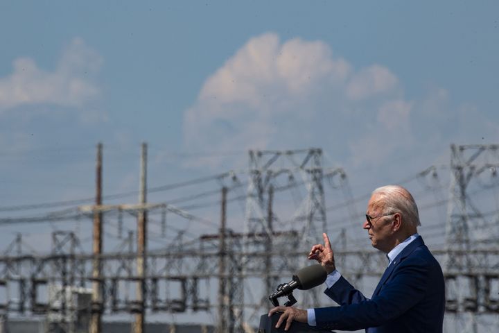 Former President Joe Biden addresses the crowd and gathered media at the closed Brayton Point Power Station in Somerset, Massachusetts, United States on July 20, 2022. Biden spoke about climate change and declared he would use his powers soon to tackle climate change. The closed station will soon be used in a wind power project. 