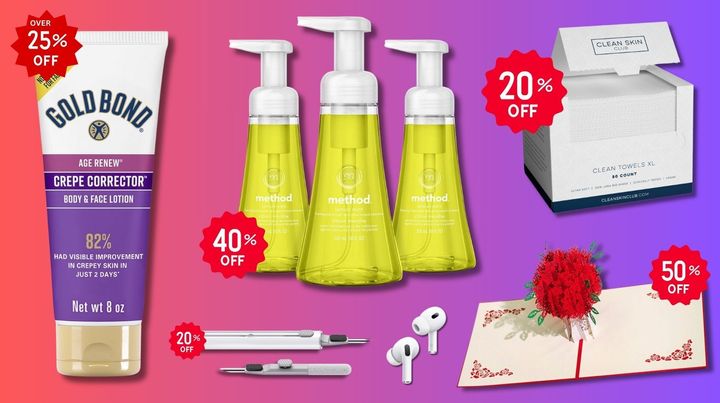 Grab the GoldBond Crepe Corrector, Method handwash, Clean Skin Club towelettes, Airpods and cleaning kits plus Valentine's Day card while they're all on sale this weekend. 