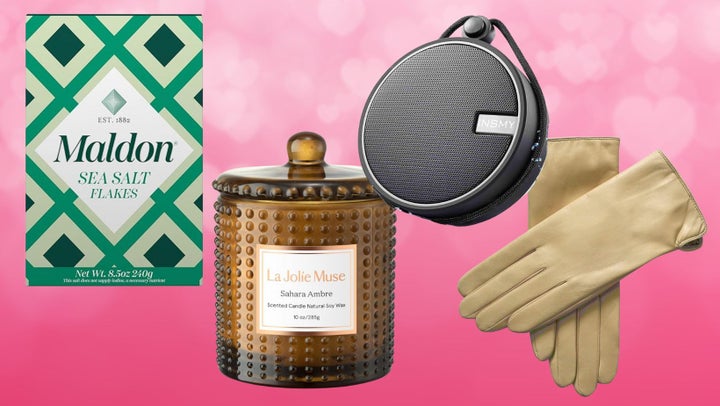 Maldon sea salt flakes, a scented soy candle, a waterproof Bluetooth speaker and a pair of genuine leather gloves. 