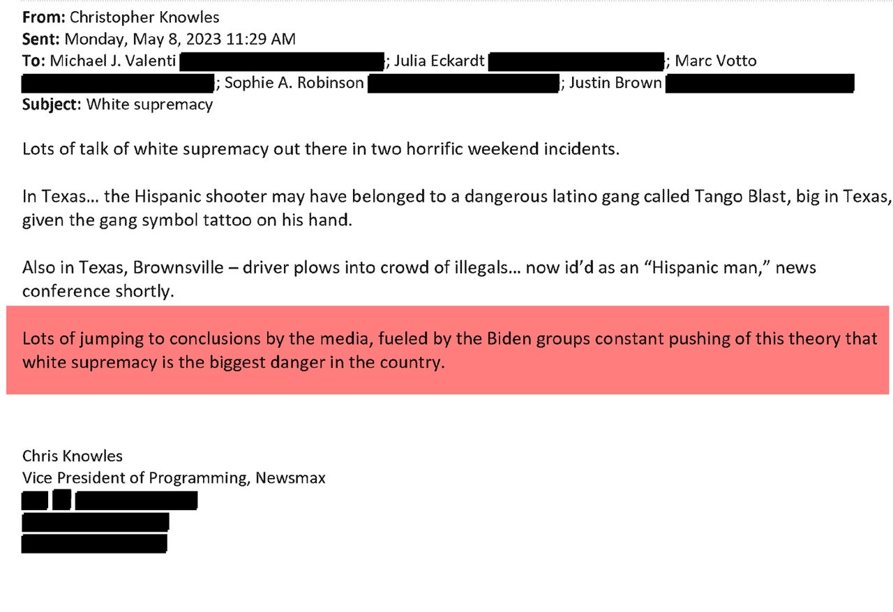 An email from Chris Knowles, the vice president of programming at Newsmax, to other staff calling into question the shooter's white supremacist background.