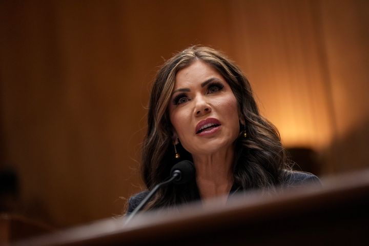 South Dakota Gov. Kristi Noem, Donald Trump’s nominee for Secretary of the Department of Homeland Security, speaks during her confirmation hearing before the Homeland Security and Governmental Affairs Committee on Capitol Hill on January 17, 2025 in Washington, DC. (Photo by Eric Thayer/Getty Images)